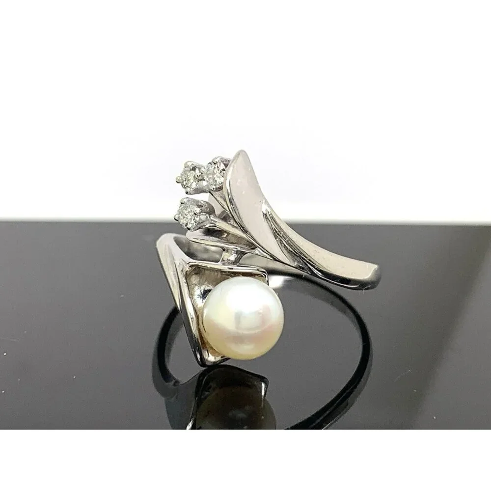 White Pearl 7mm Diamond Cocktail Ring 14k White Gold Estate Women's Size 8.25